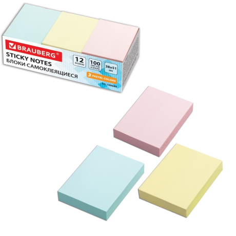 Нарушена упаковка!  <199996> Блоки самоклеящиеся (стикеры) BRAUBERG, ПАСТЕЛЬНЫЕ 38х51 мм, 100 листов, НАБОР 12 шт., 3 цвета, 126689 (126689)