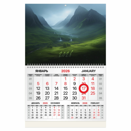 Нарушена упаковка!  <842885> Календарь квартальный 2026 г., 1 блок, 1 гребень, магнитный курсор, мелованная бумага, BRAUBERG, "Долина", 116914