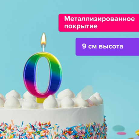 Нарушена упаковка! <302487> Свеча-цифра для торта "0" "Радужная", 9 см, ЗОЛОТАЯ СКАЗКА, с держателем, в блистере, 591433 (591433)