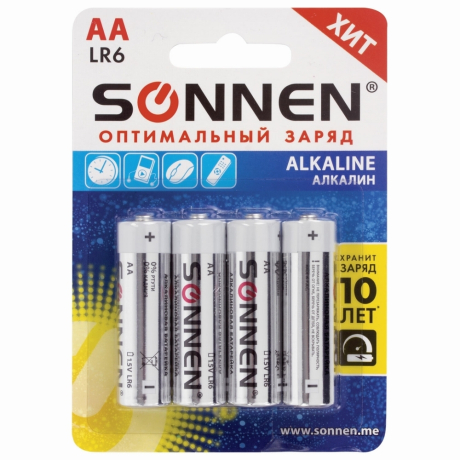 Нарушена упаковка!  <215659> Батарейки КОМПЛЕКТ 4 шт., SONNEN Alkaline, АА (LR6, 15А), алкалиновые, пальчиковые, блистер, 451085 (451085)