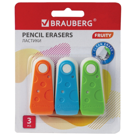 Нарушена упаковка! <287511> Набор ластиков BRAUBERG "FRUITY" 3 шт., 57х24х15 мм, белые, пластиковый футляр ассорти, 229563