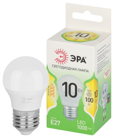 Лампочка светодиодная ЭРА GREEN LINE LED P45-10W-830-E27 GL E27 10 Вт шар теплый свет Б0066977