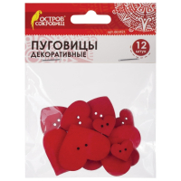 Нарушена упаковка!  <224589> Пуговицы декоративные "Сердце", дерево, 12 шт., ассорти, красные, ОСТРОВ СОКРОВИЩ, 661421 (661421)