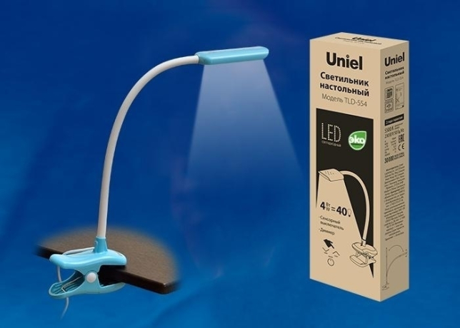 Сенсорная настольная лампа с диммером на прищепке Uniel TLD-554 Blue/LED/400Lm/5500K/Dimmer (UL-00003646)