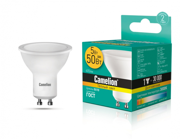 Светодиодная лампа GU10 5W 3000K (теплый свет) Camelion LED5-GU10/830/GU10 (10956)