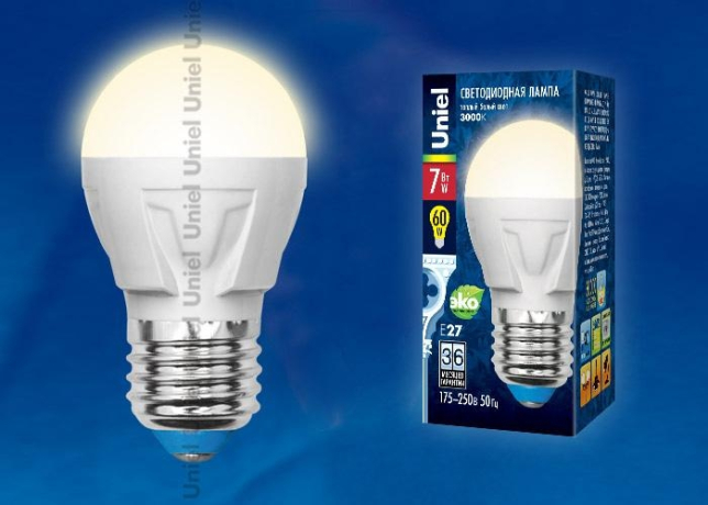 Светодиодная лампа E27 7W 3000K (теплый) Uniel LED-G45 7W-WW-E27-FR PLP01WH (UL-00002420)
