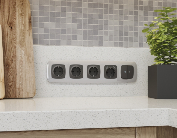 Лицевая панель OMEGA (Графит Мягкое касание) для электрической розетки с заземлением со шторками 2USB A+A OP9090