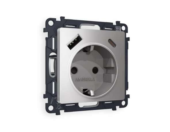 Комплект механизма электрической розетки ALFA MA510010 Сталь матовый 2USB A+C 20W быстрая зарядка с заземлением и шторками 2P+E 16A-250V QUANT