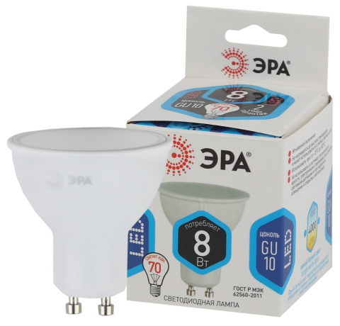 Лампа светодиодная ЭРА GU10 8W 4000K матовая LED MR16-8W-840-GU10 Б0036729